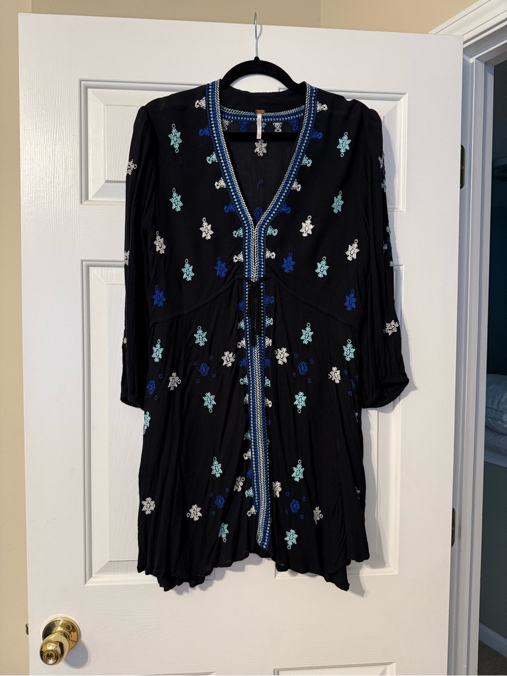Free People Black Embroidered V-Neck Dress